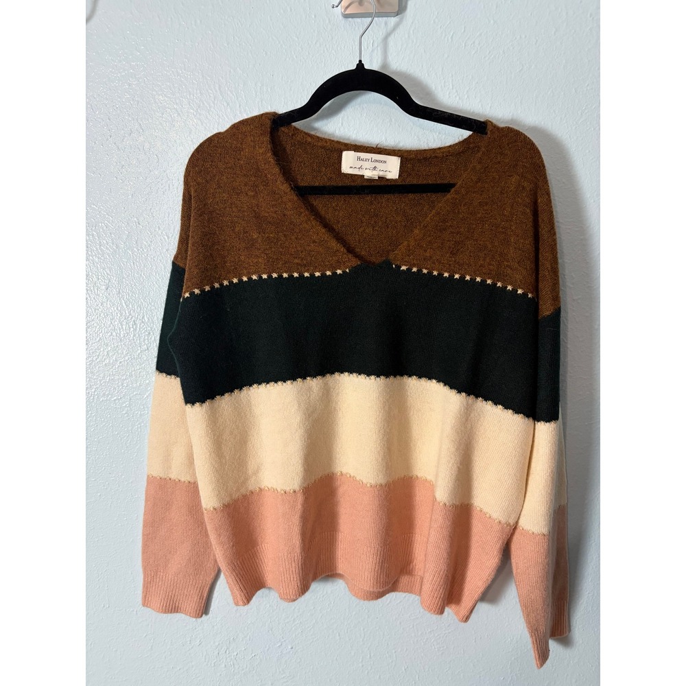 Haley London Womens Colorblock V-Neck Sweater Star Embroidery Brown Pink Large